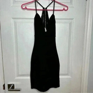 V-Neck Mini Dress  Open Lace Back Black Size XXS